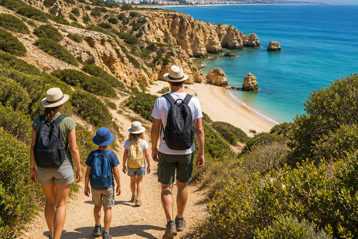 Family walking on a cliff trail in the Algarve overlooking the ocean