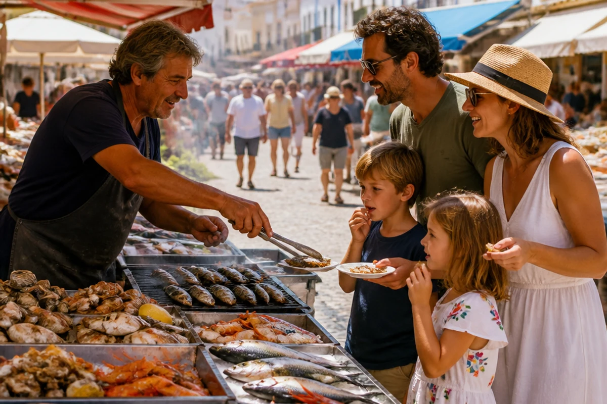Family enjoying fresh seafood at a local market in the Algarve