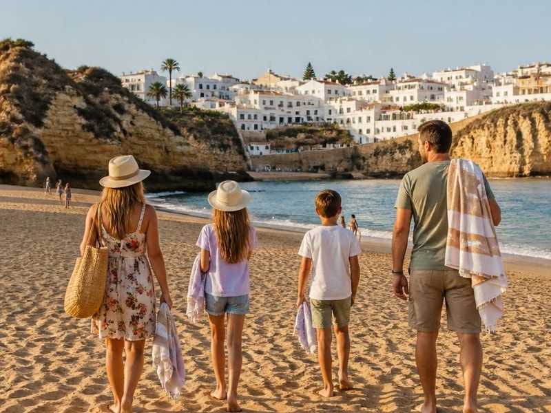 Golden beach and whitewashed old town of Lagos in the Algarve, Portugal, in late-afternoon light