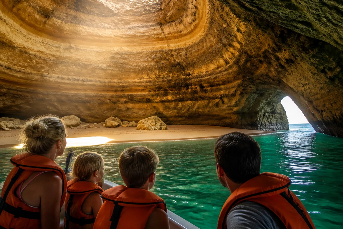 Family on a boat approaching the Benagil Cave in the Algarve