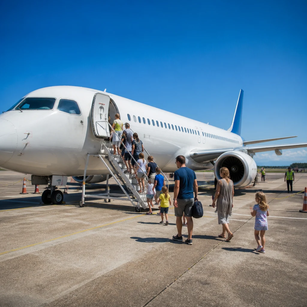 Budget airline plane boarding with family