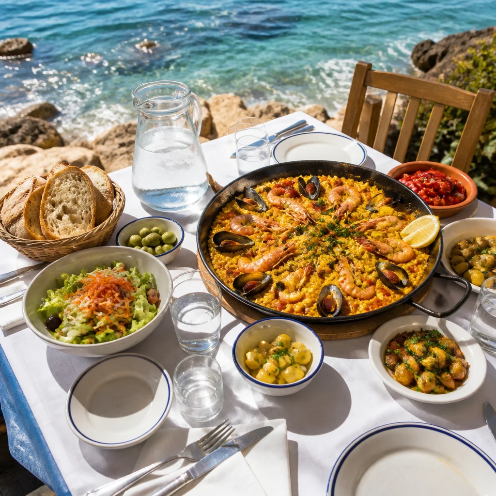 Affordable family meal at a seaside restaurant in Southern Europe