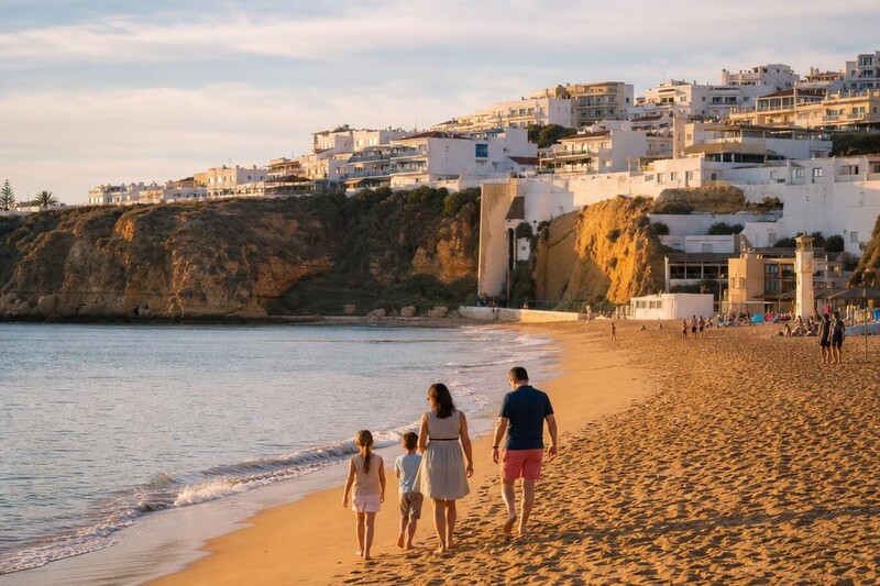 Golden beach and white old town of Albufeira in the Algarve, Portugal, at early evening