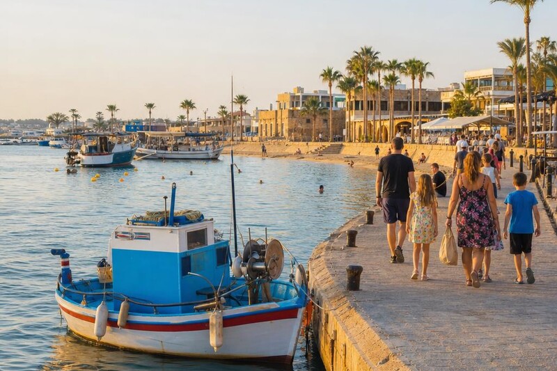 Harbour and beach at Paphos, Cyprus, with a small fishing boat and warm late-afternoon light