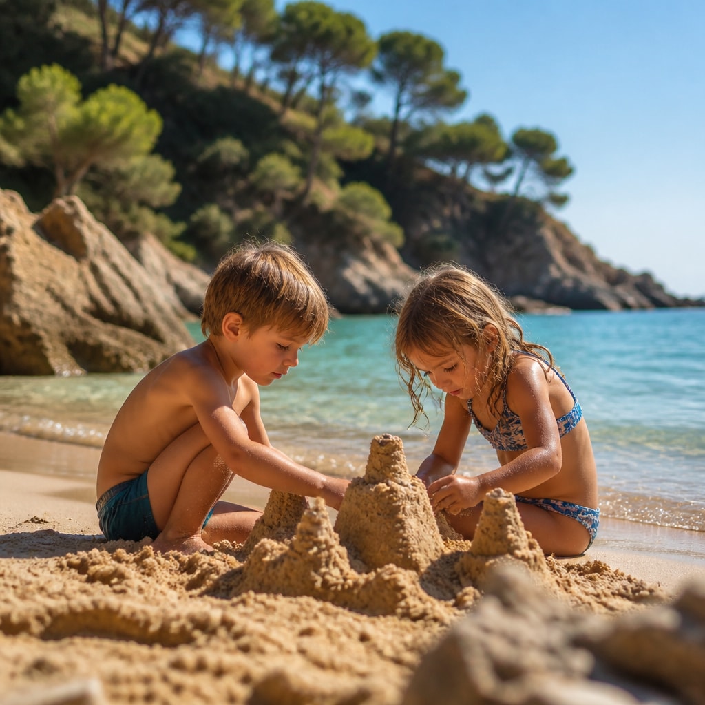 Children playing on a small Spanish cove beach with clear water and pine-covered cliffs.