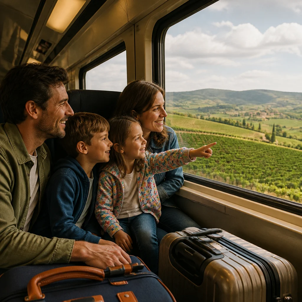 Family taking a budget-friendly regional train for a day trip in Italy