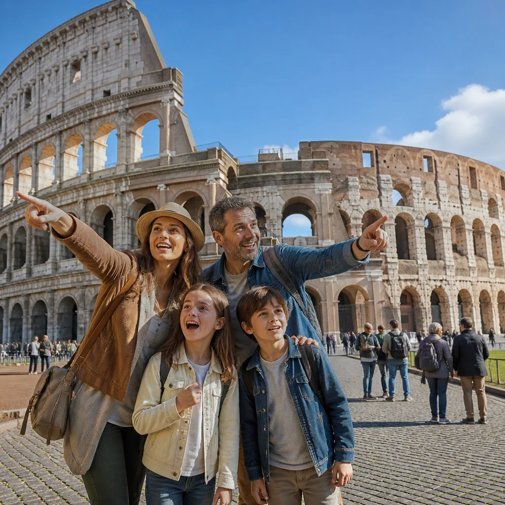 Family enjoying free outdoor attractions like the Colosseum in Italy