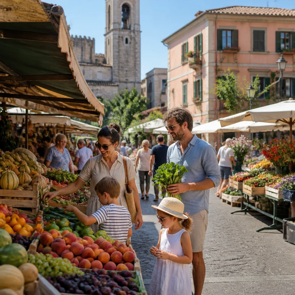 Browsing a local Italian food market to save money on holiday meals