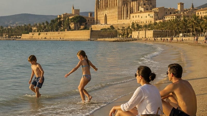 Golden beach of Can Pere Antoni in Palma, Mallorca, with the cathedral on the hill behind, in late-afternoon light