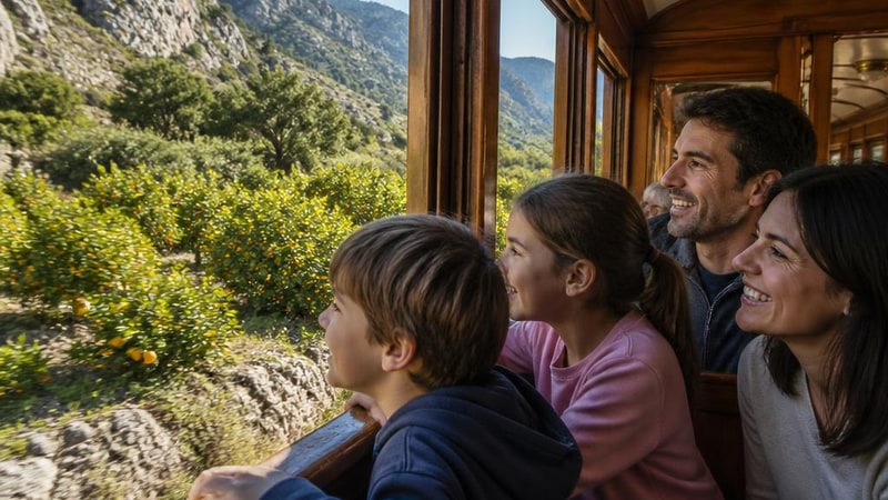 Vintage wooden train climbing through orange groves and mountains on the Palma to Sóller line, Mallorca