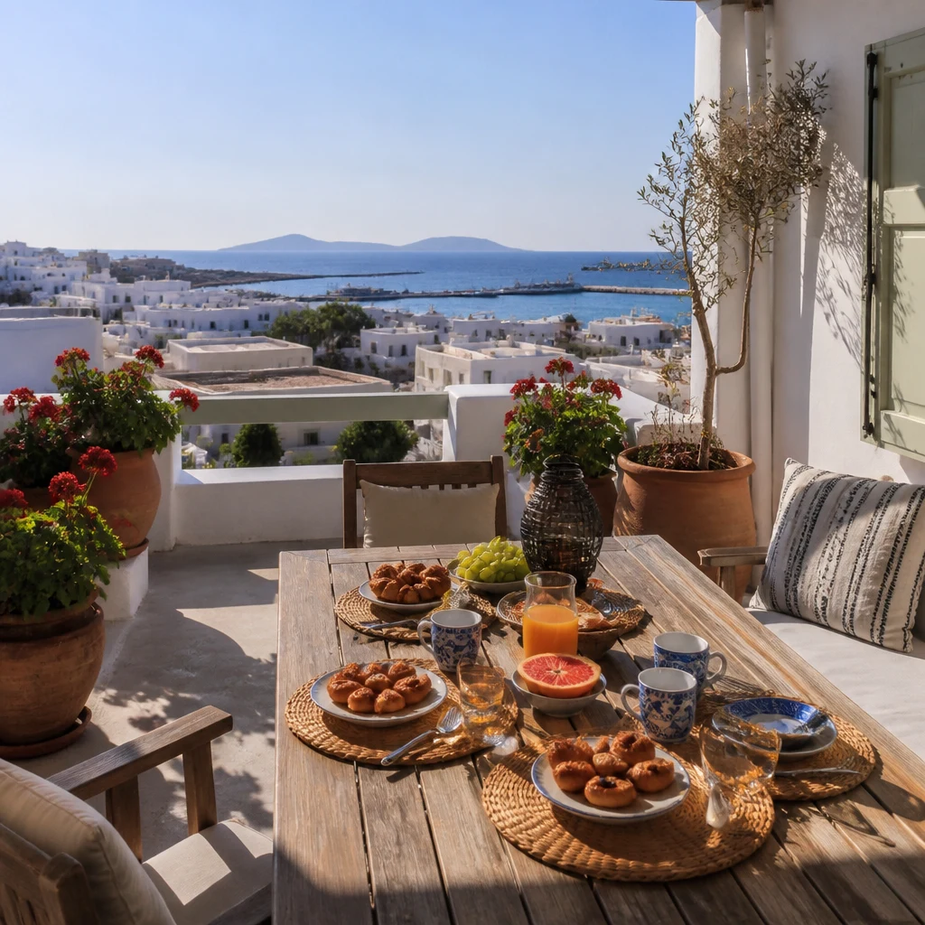 Self-catering apartment terrace in Naxos with breakfast view