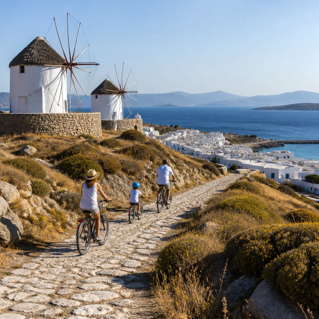 Traditional windmills in Paros, Greece, with a family cycling