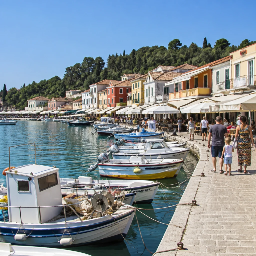 The harbour of Paxos island in Greece with fishing boats and tavernas