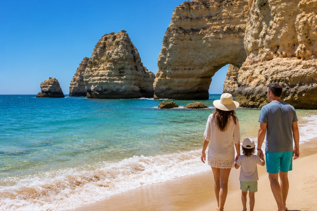 Praia da Marinha beach in the Algarve with a family walking on the shore