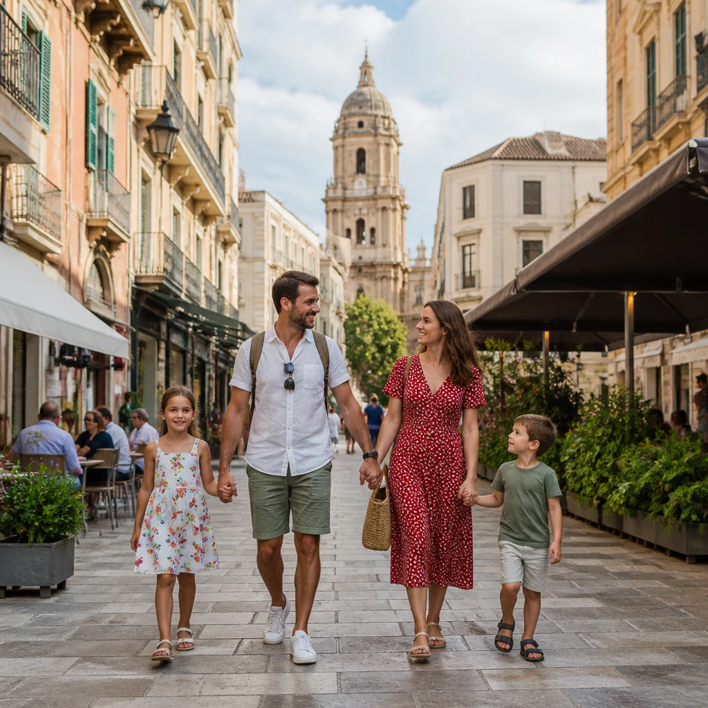 Family strolling through Málaga's historic streets