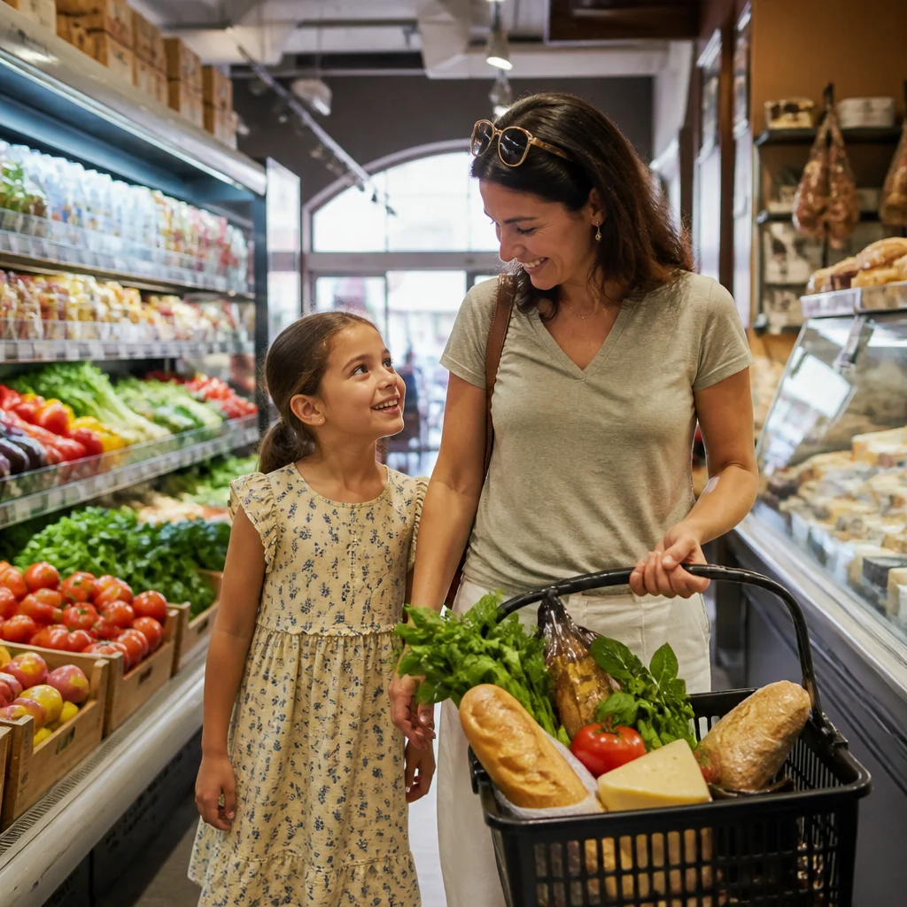 Shopping for groceries in an Italian supermarket for a family self-catering holiday