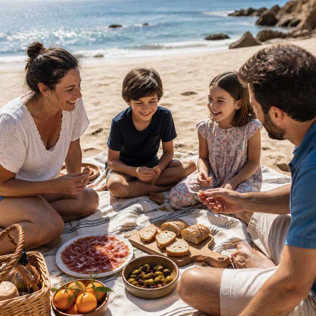 Family enjoying a tapas picnic on a Spanish beach with traditional food.