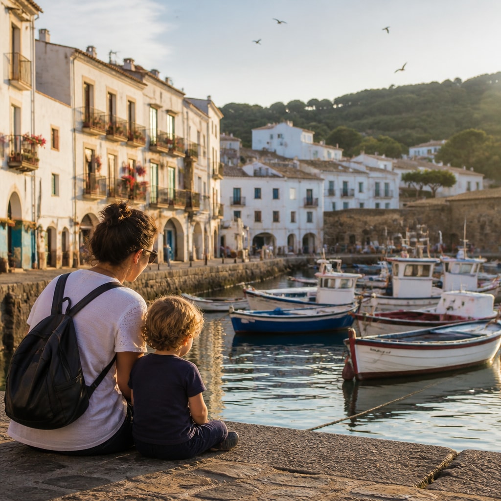 Spanish fishing village with colourful boats and white houses.