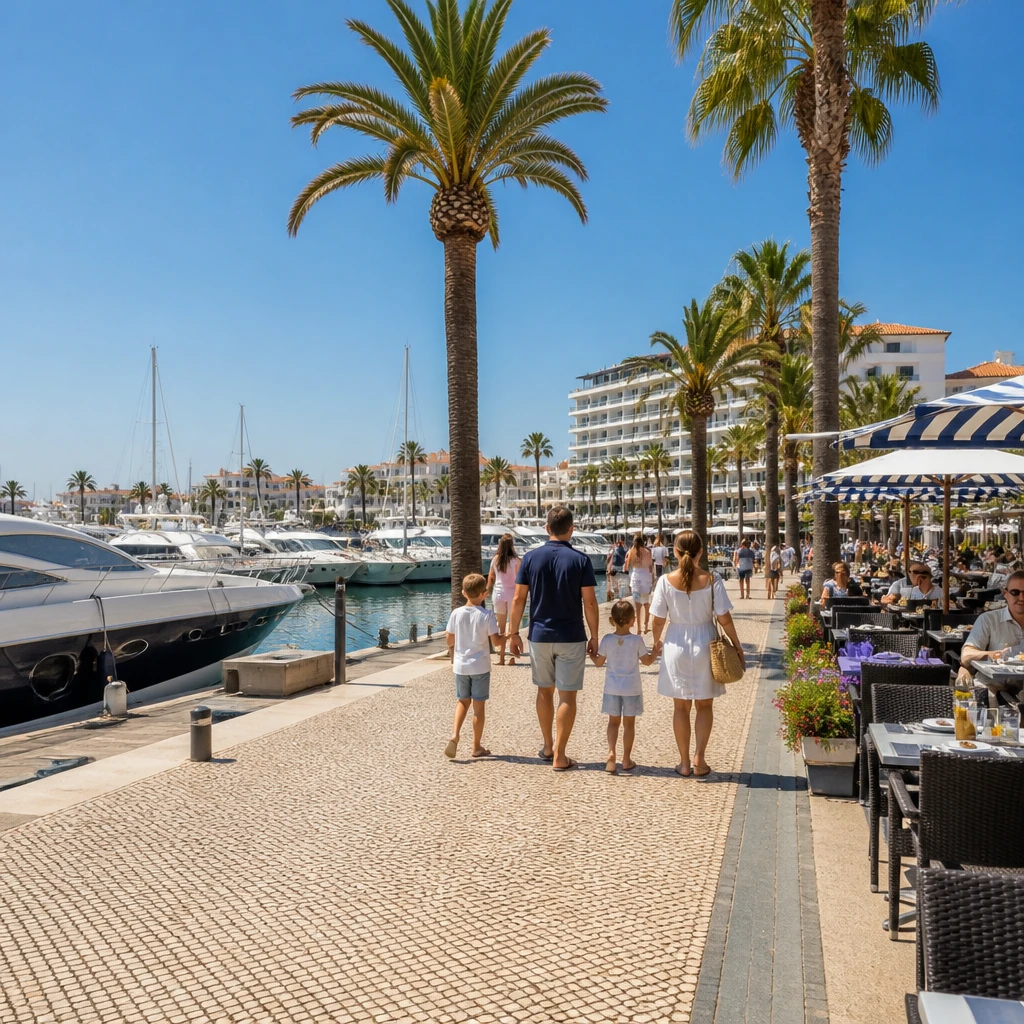 Family strolling at Vilamoura Marina in the Algarve